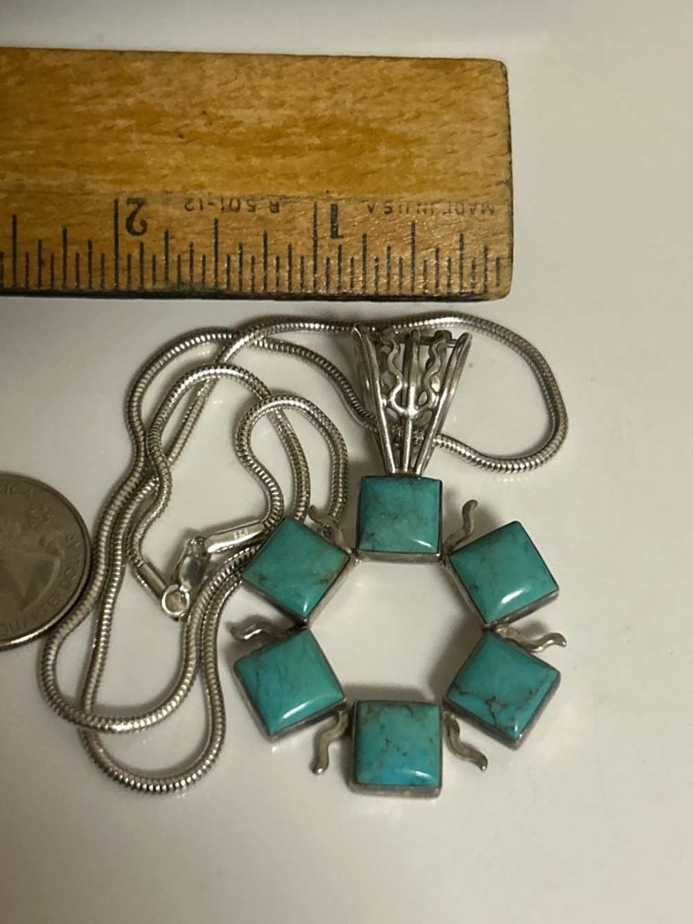Vintage sterling silver jay king Turquoise Square Halo Pendant Necklace 19.50” - Picture 10 of 11